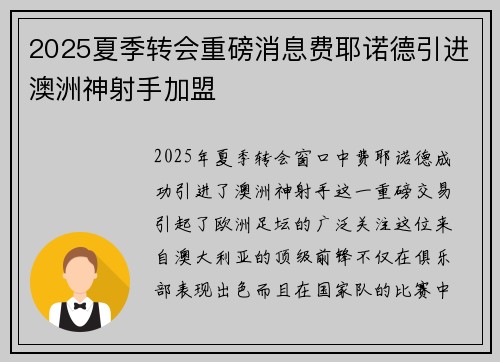 2025夏季转会重磅消息费耶诺德引进澳洲神射手加盟